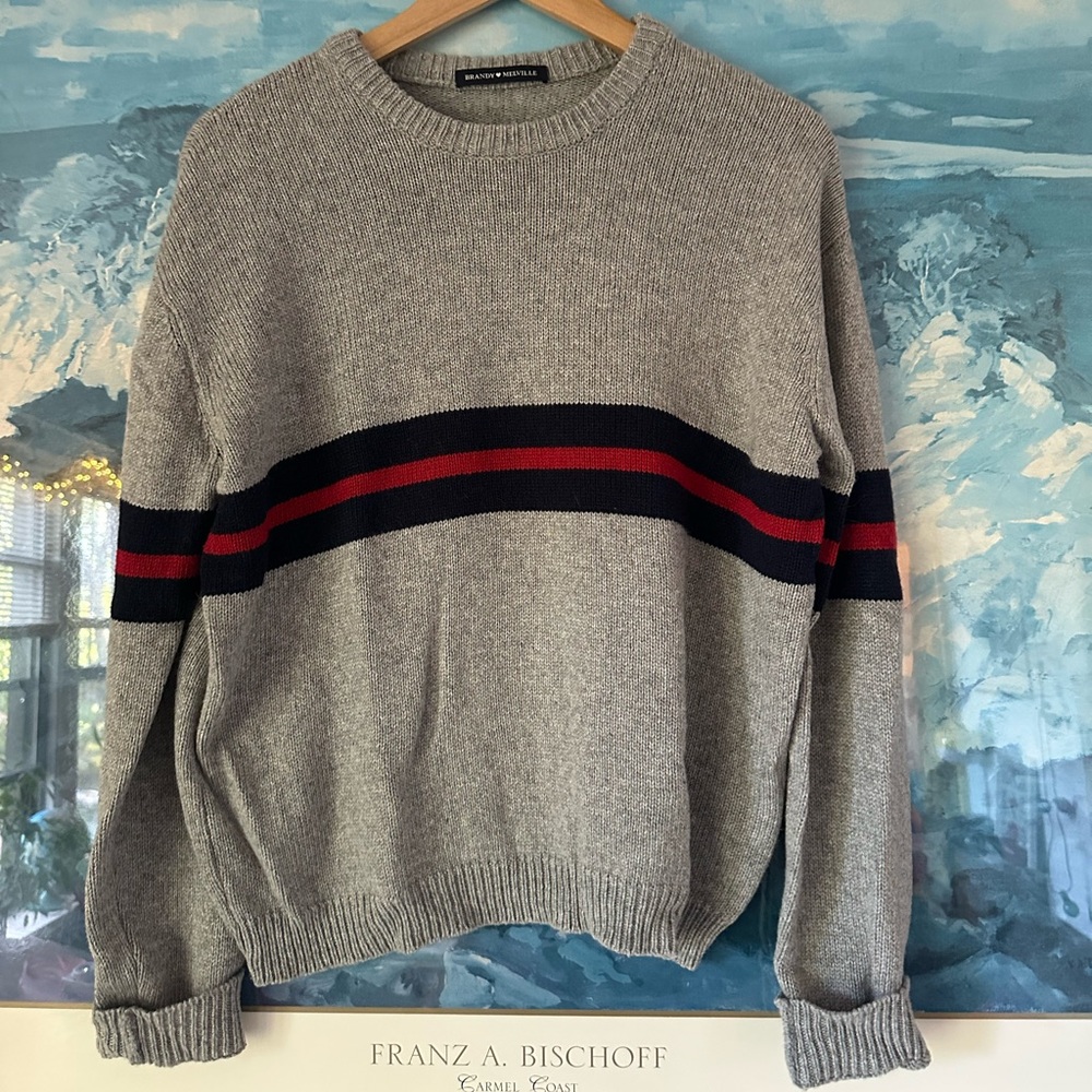 Brandy Melville Bernadette Wool Cashmere‎ Blend Gray with Navy/Red Stripe Across
